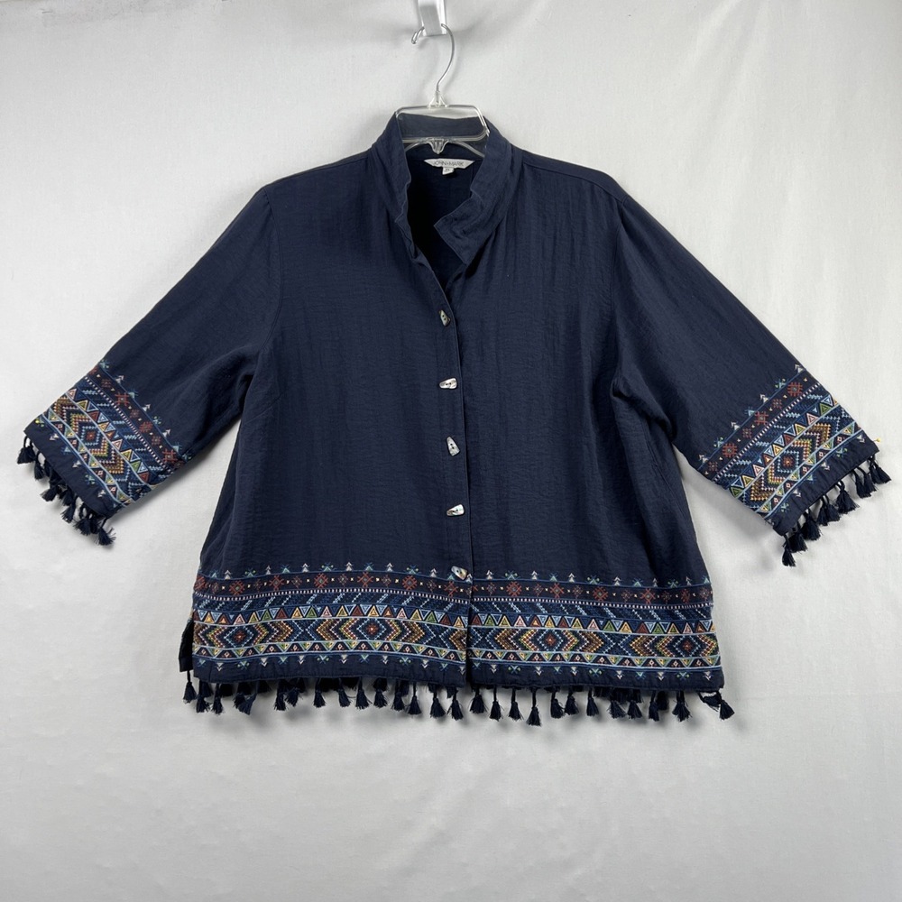 John Mark Jacket Womens  PL Petite Blue Embroidered Button Front Boho Artsy